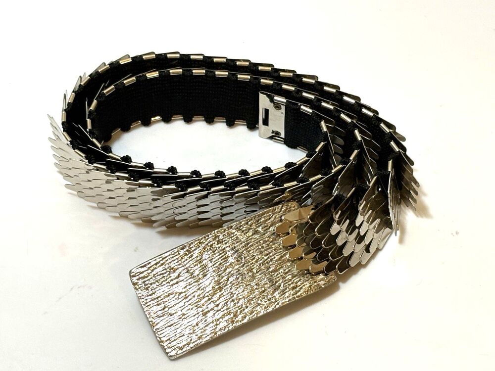 Vintage Silver Tone Metal Scale Belt Wide Articulated Link Textured Buckle